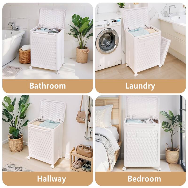 VECELO Rolling Laundry Basket L Size White Laundry Basket with Universal Wheels Handle and Lid for Laundry Room and Bathroom