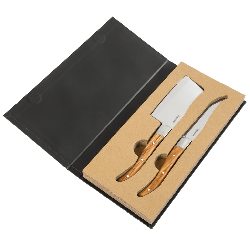 Bloomhouse 2-Piece German Steel Cheese Knife Set with Olive Wood Handles - Cheese Knives for Charcuterie & Entertaining