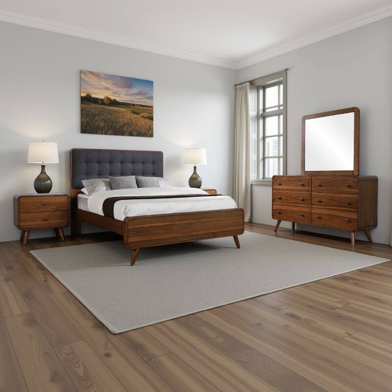 Ryb 4pc Bedroom Set w Cal King Bed, Walnut Brown, Dark Gray Upholstery