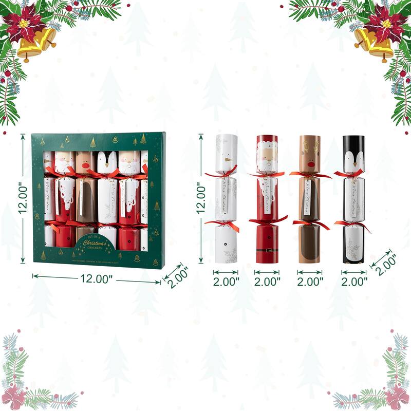 Glitzhome 6 Pack Christmas Santa Snowman Penguin Reindeer Party Crackers Favor Supplies with Gift Contents for Kids