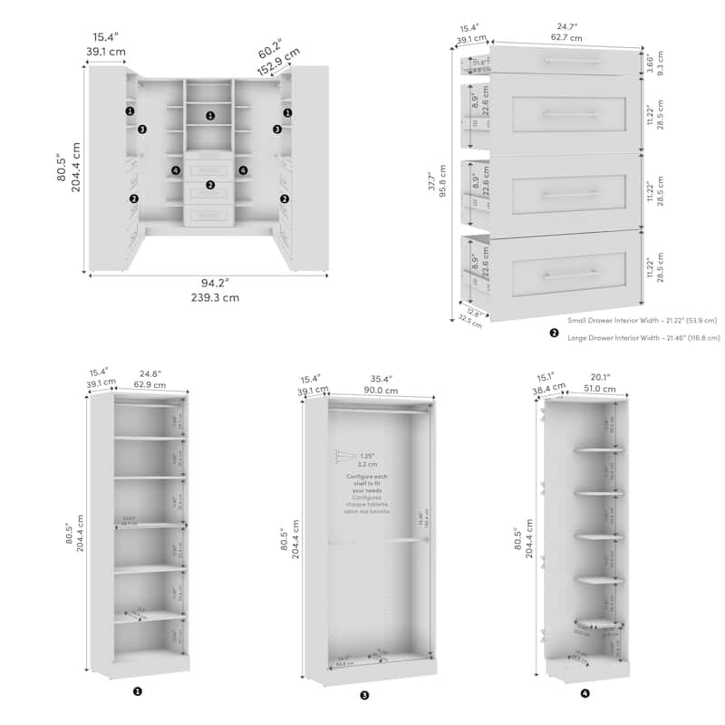 Bestar Florence 95W x 61D U Shaped Walk-In Closet System, Shaker