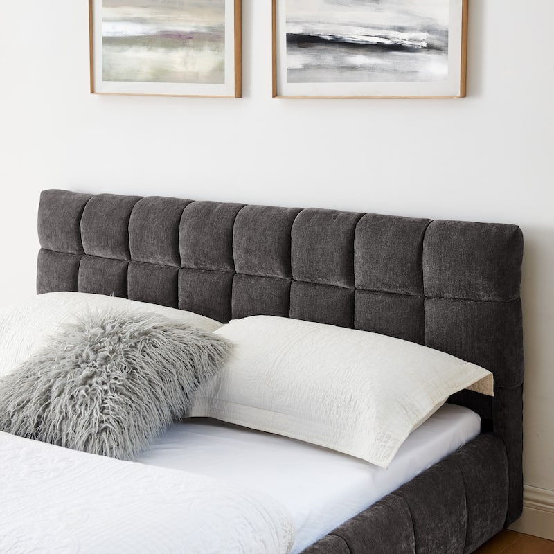 Block Thick Chenille Low Profile Platform Bed Fabric Upholstered Bedframe with Headboard Solid Wood Frame - Optional Storage Bed