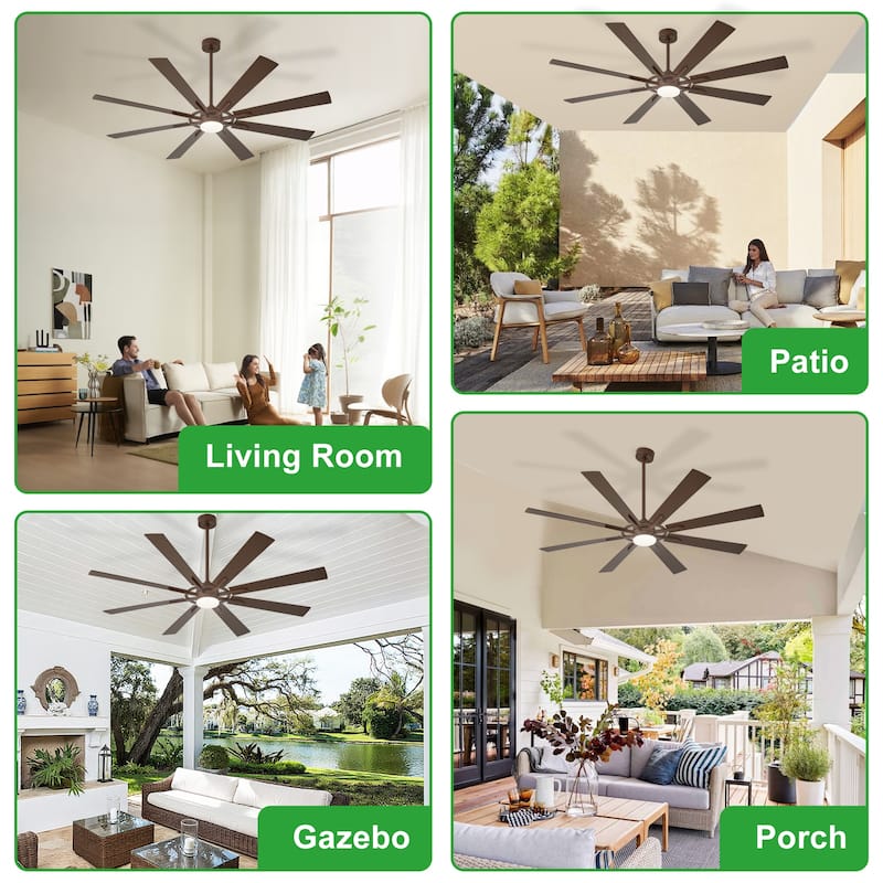 Modern 72 Inch 8 Blade Outdoor large Ceiling Fans with Lights: Dimmable Indoor Reversible 6 Speed Quiet DC Motor
