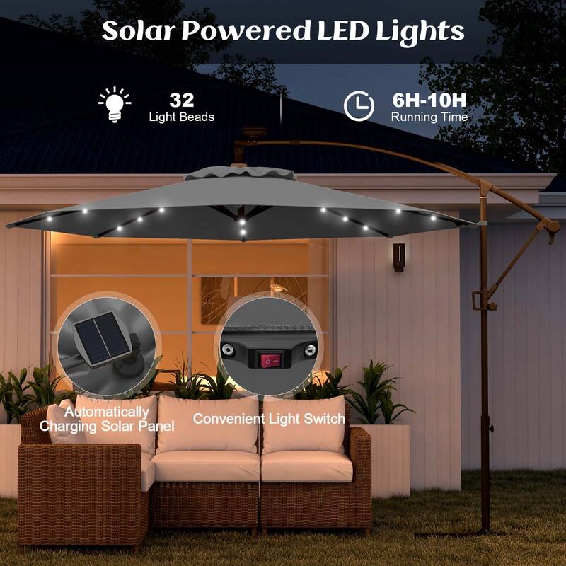 Costway 10FT Patio Offset Umbrella Solar Powered LED 360degrees