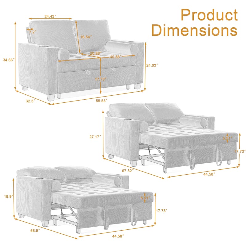 2 Set Multi-Functional Sleeper Sofa Bed 3-in-1 Pull-Out Convertible Adjustable Loveseat with USB Port