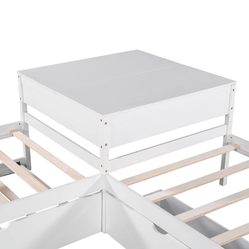 L-Shaped Twin Platform Bed with Trundle and Built-in Desk, Wood Frame with Storage Drawers for Living Room, Guest Rooms