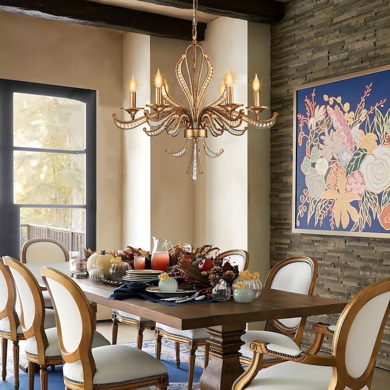 6-Light Mid-Century Modern Transitional Antique Silver Round Hand-Beaded Crystal Candle Large Chandelier
