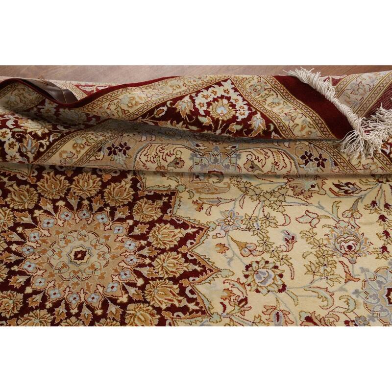 Handmade 100% Silk Qum Persian Accent Rug Traditional Beige Carpet - 4'4"x 6'3"
