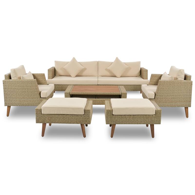 All-Weather PE Wicker Sofa Set with Double Cushions & Wood Legs, 6-Piece Outdoor Rattan Sectional