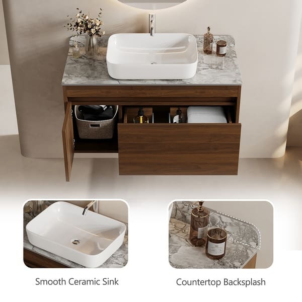 36-Inch Floating Bathroom Vanity Set – Gray Wood Finish, Double Soft-Close Drawers, Ceramic Sink & Mirror Included