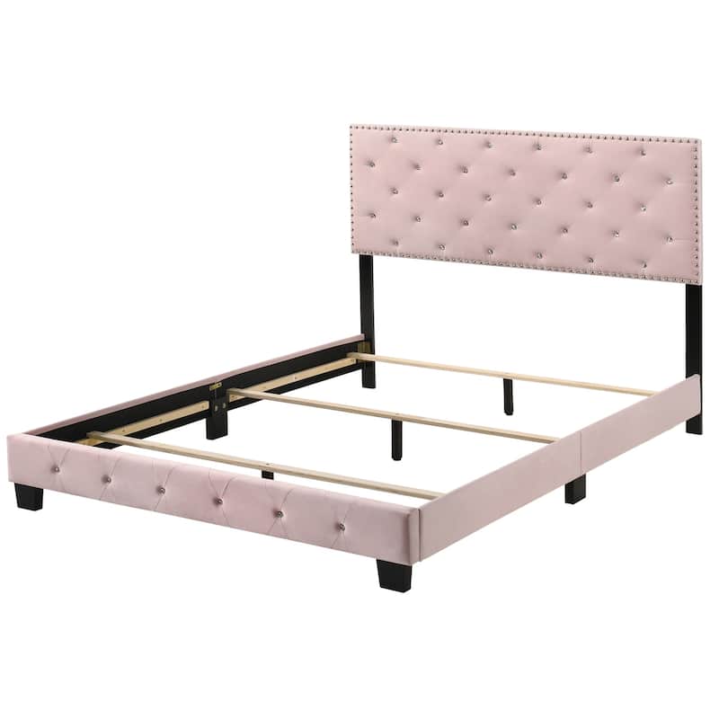 Tufted Faux Jewel Velvet Upholstered Full Panel Bed - 77" - Pink