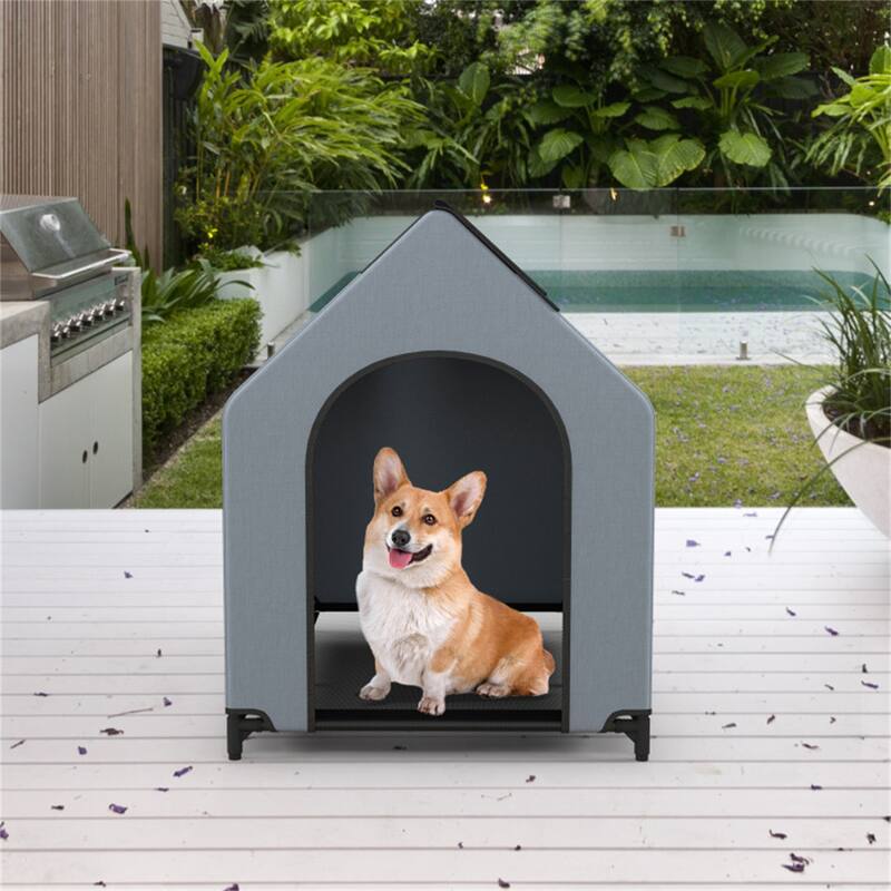 Outdoor Elevated Pet House with Waterproof Canopy and Roll-Up Mesh Windows