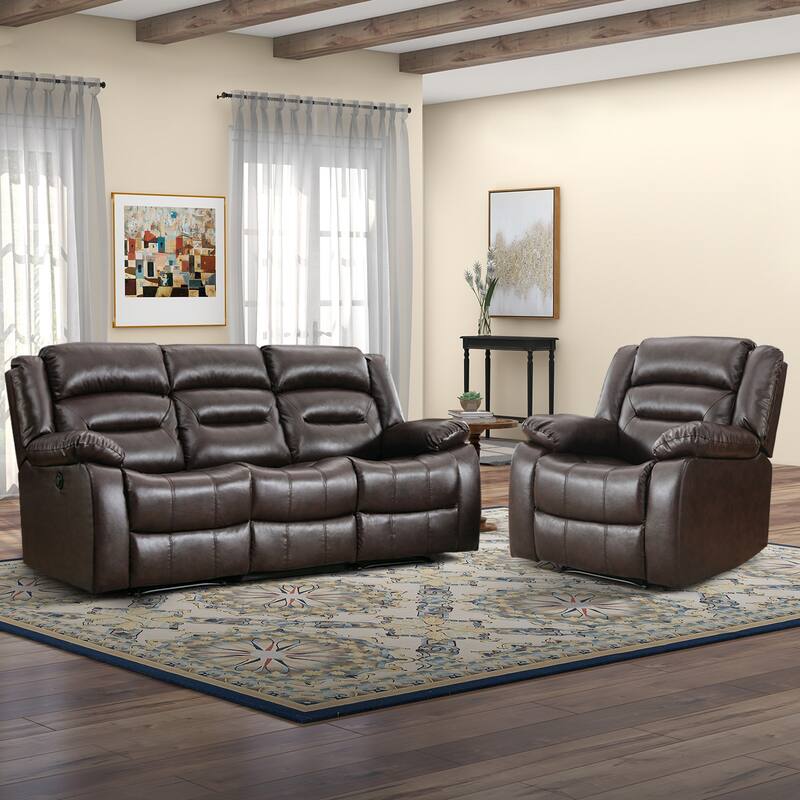 Faux Leather Power Loveseat Recliner, Electric Reclining Sofa with Overstuffed Armrests, 2-Seater Couch for Living Room - Brown 1+3set