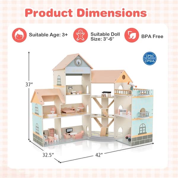 Wooden Dollhouse Playset Pretend Play Toys Kit w/ 42 Accessories - Orange