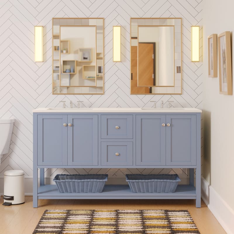 KitchenBathCollection Lakeshore 60" Double Bathroom Vanity with Engineered White Top - Powder Blue