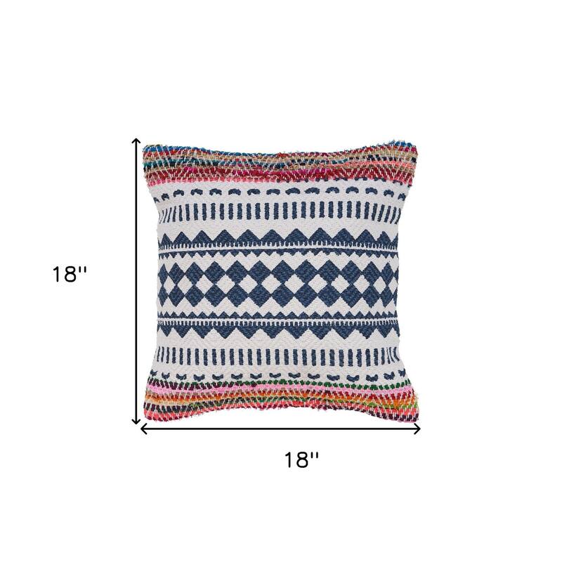 HomeRoots 18" X 18" Blue White Red And Yellow 100% Cotton Striped Zippered Pillow