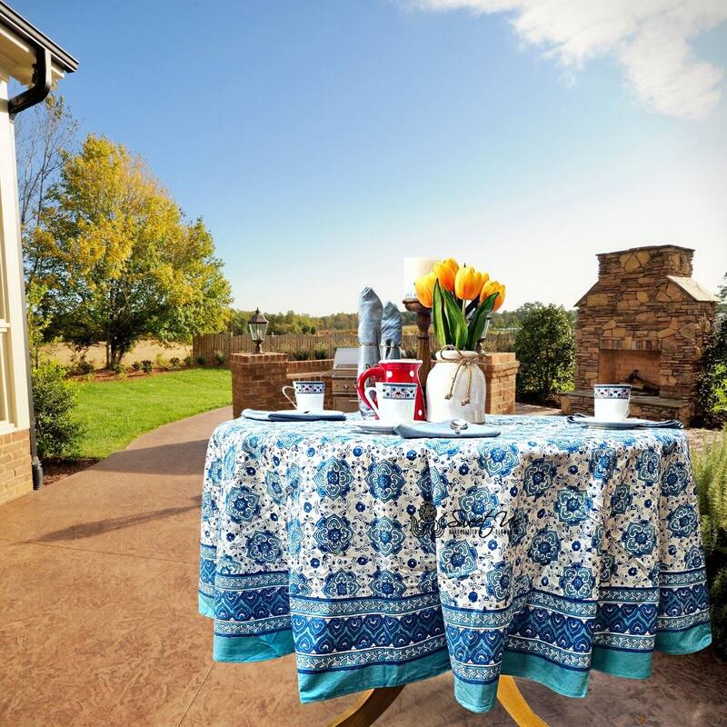 Cotton Springtime Splendor Tablecloth Collection, Ice Blue