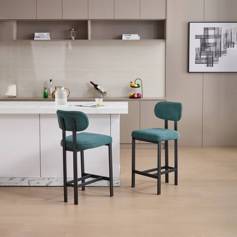 Bar Stools Set of 2, Fabric Upholstered Counter Height Bar Stools, Open Back Dining Chairs with Metal Legs & Footrest