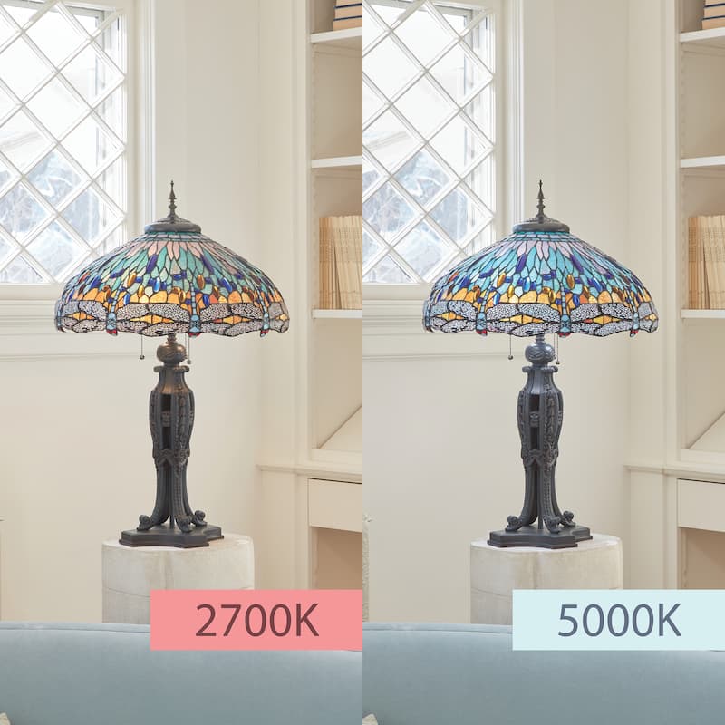 Multi Dragonflies River of Goods Tiffany-Style Multicolored Stained Glass 35-Inch Table Lamp - 22" x 22" x 35"