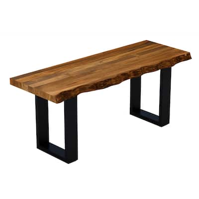 Brown Solid Wood Dining Bench Black Metal Legs 2-Seater Sturdy Seating - 16” D x 43” W x 18” H