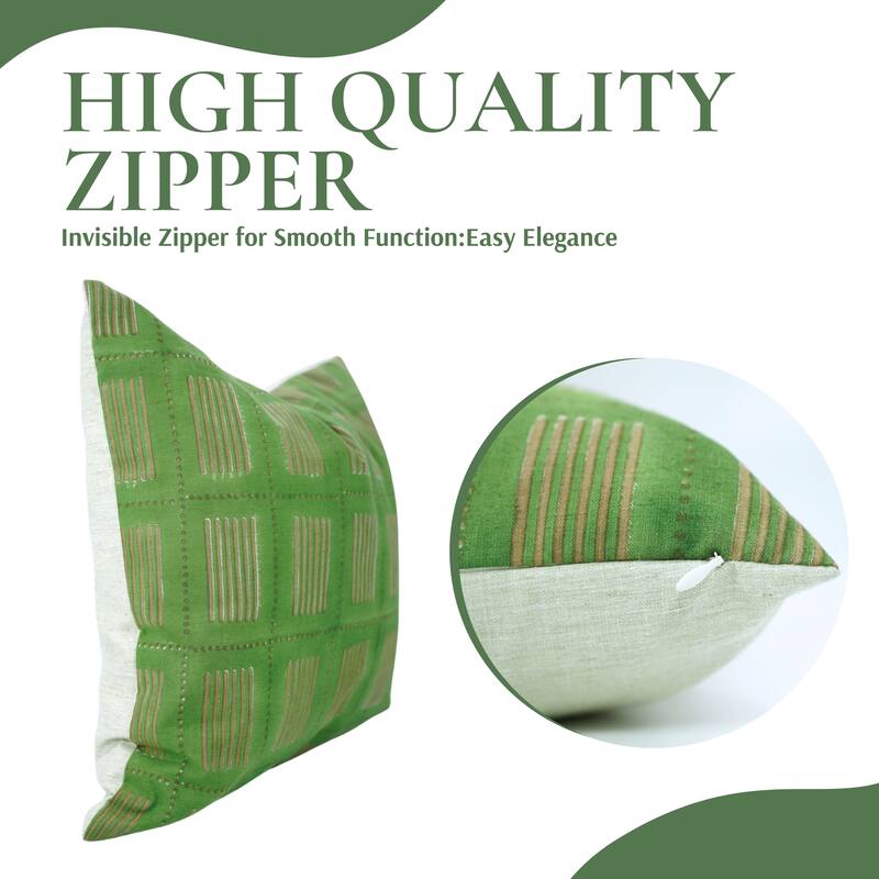 Fabdivine Block Print Cushion Cover 20x20 Inch Farmhouse Stripted Sofa Couch Chair Summer Gift Linen, Green Pillowcase, Yug