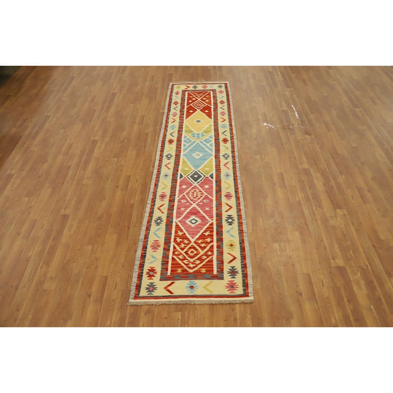 Hand Woven Oriental 100% Wool Carpet Southwestern Tribal Multi-Colored Kilim Runner Rug - 9' 7'' X 2' 6''