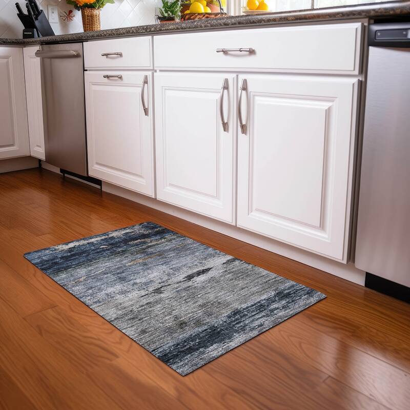 Machine Washable Indoor/ Outdoor Abstract Contemporary Chantille Rug - Navy - 1'8" x 2'6"