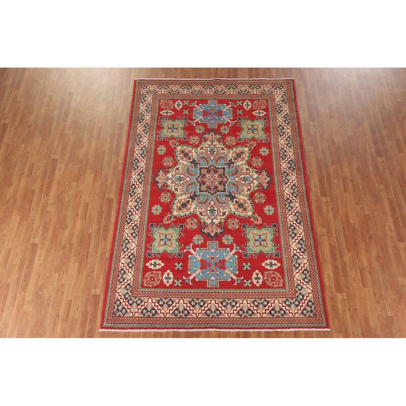 Hand Knotted Oriental 100% Wool Carpet Traditional Geometric Red Kazak Area Rug - 9' 10'' X 6' 5''