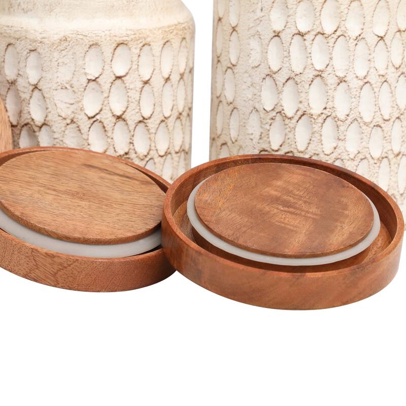 Paper Mache Geometric Handmade Carved Spotted Canisters with Brown Removable Lids - Set of 3 Cream - Roche River Decor