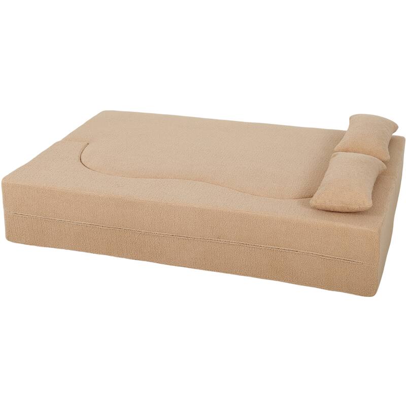 2-in-1 Convertible Sofa Bed, Folding Loveseat Couch with Soft Teddy Fabric, Floor Sleeper Sofa Mattress with 2 Pillows