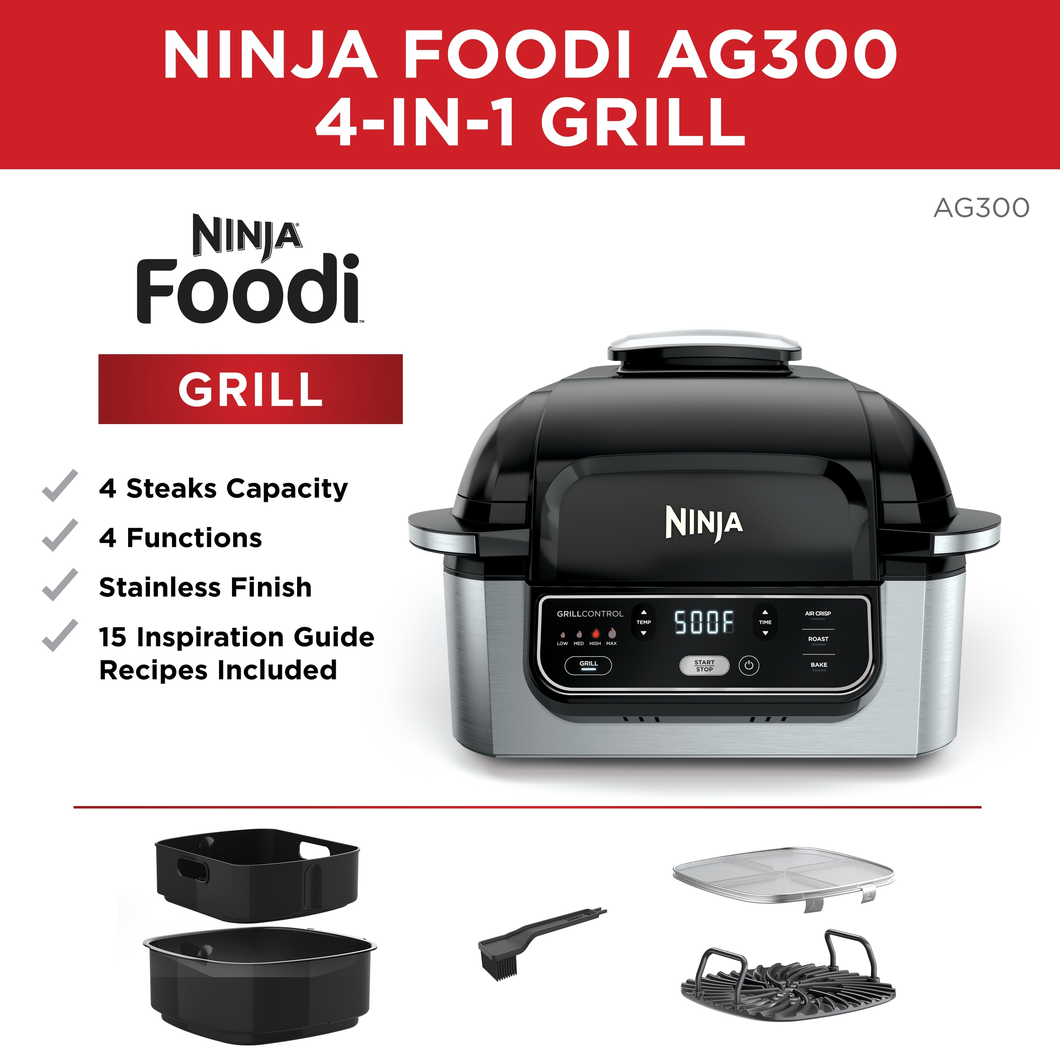 Ninja Foodi 4-in-1 Indoor Grill with 4-qt Air Fryer, Roast, Bake, and  Cyclonic Grilling Technology, Black/Stainless AG300 