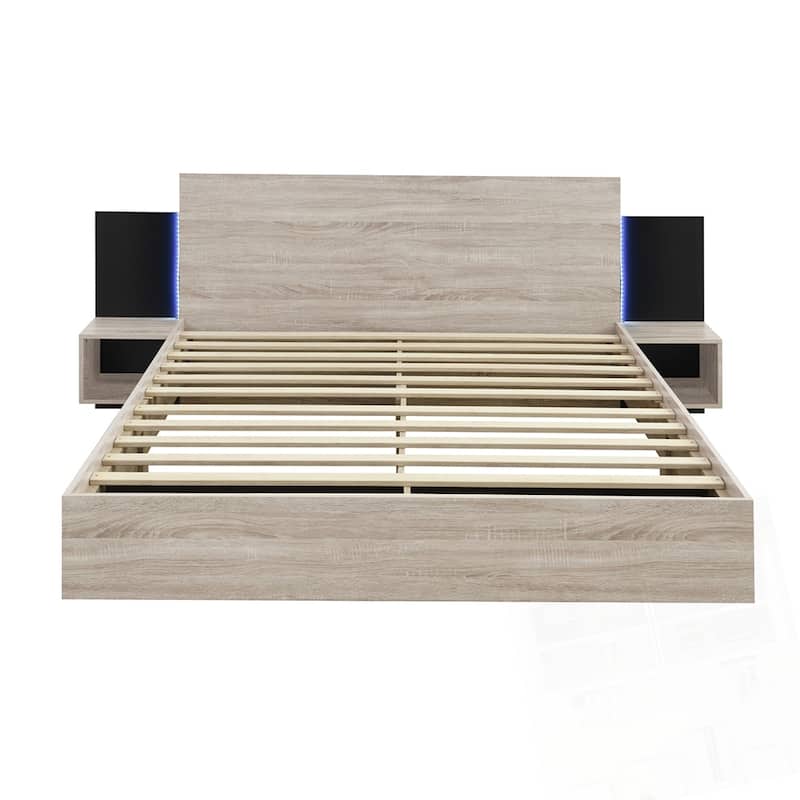 Wooden Floating Platform Bed, with LED Lights and Bedside Nightstand