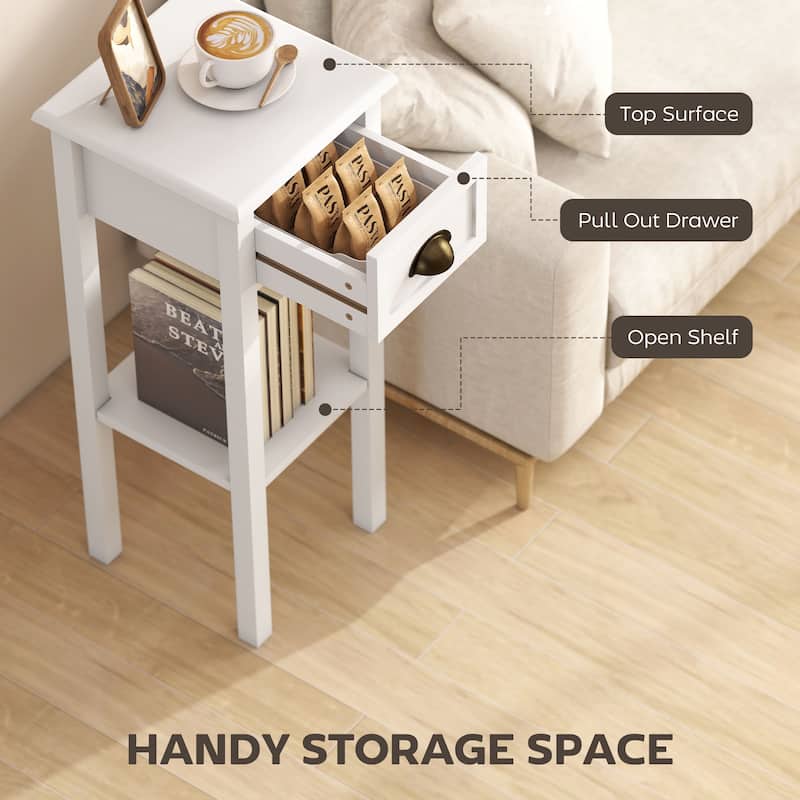 HOMCOM 2-Tier Night Stand with Drawer, Narrow End Table with Bottom Shelf, for Living Room or Bedroom