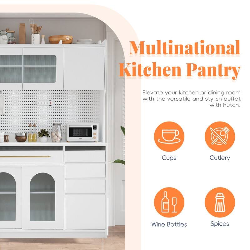 63" Buffet Hutch with Coffee Bar – 6 Drawers, 5 Adjustable Cabinets, Pegboard, Towel Rack & Power Outlet