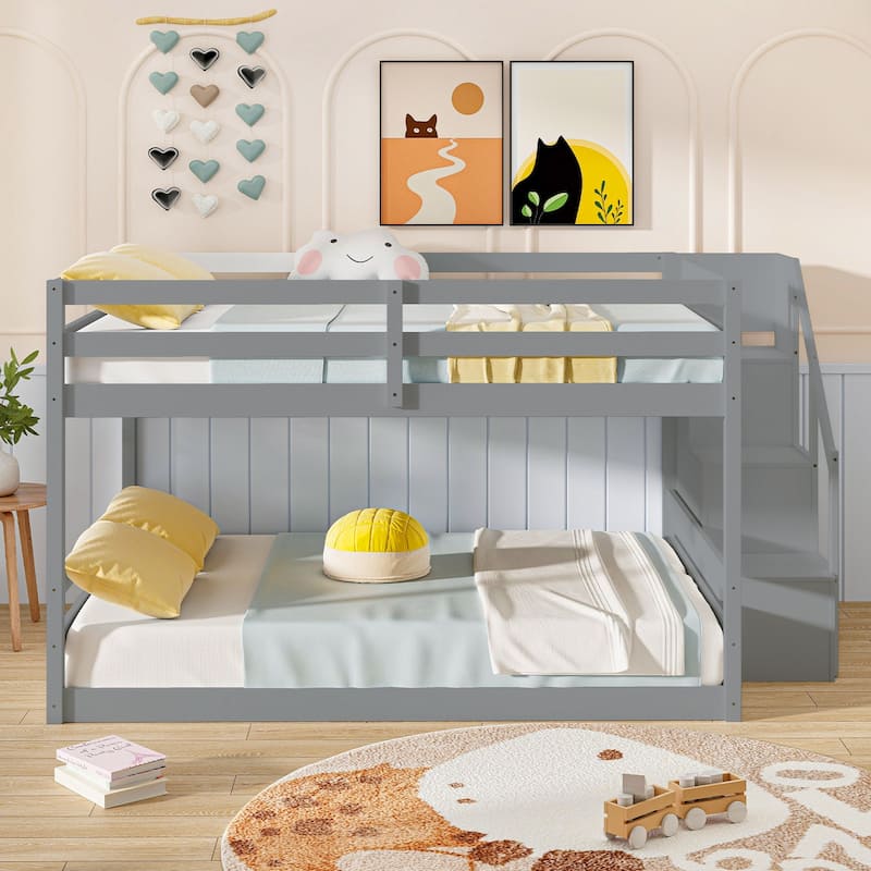 Costway Full Over Full Low Bunk Bed with Storage Stairs with