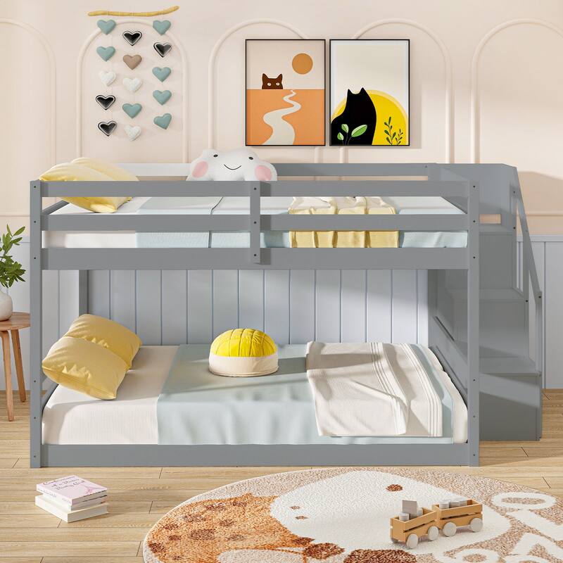 Full Over Full Wooden Bunk Bed with Storage Stairs and Guardrails White Gray Pine Frame for Kids and Adults