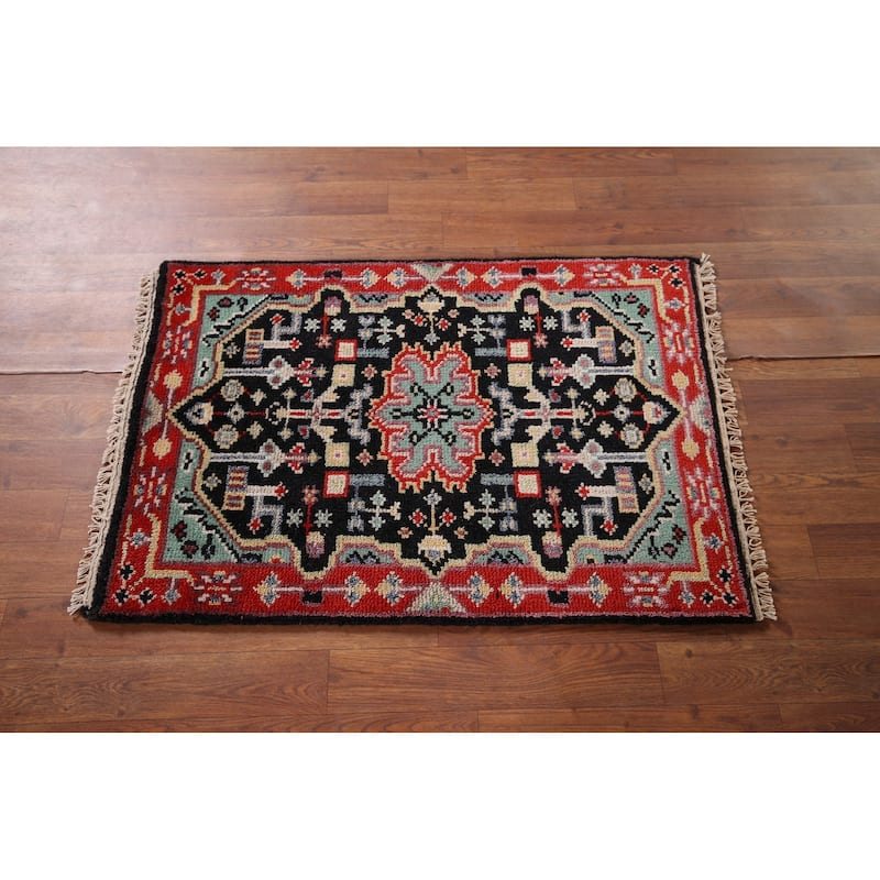 Black Geometric Kazak Indian Accent Rug Handmade Wool Carpet - 2'0" x 3'0"