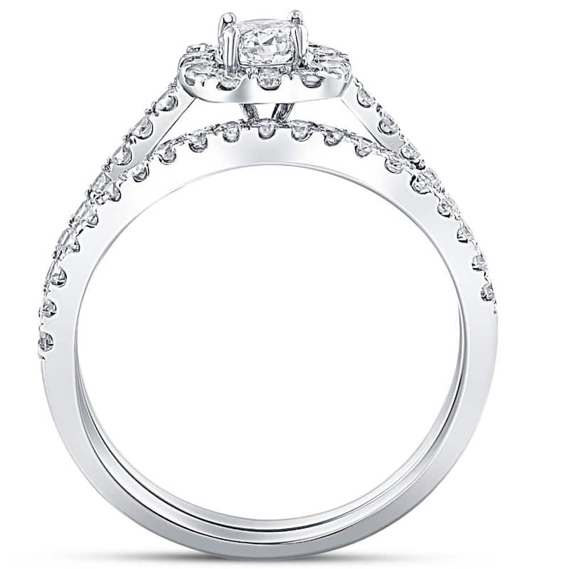 1ct Cushion Halo Lab Created Diamond Engagement Wedding Ring Set 14K White Gold