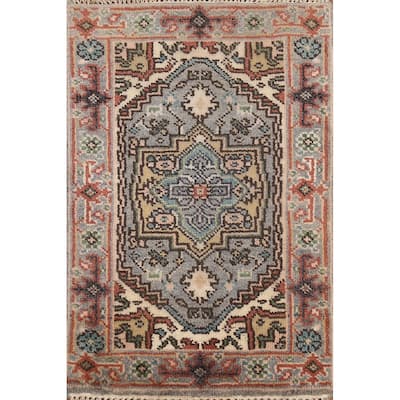 Geometric Heriz Serapi Indian Accent Rug Handmade Gray Wool Carpet - 2'0"x 3'0"