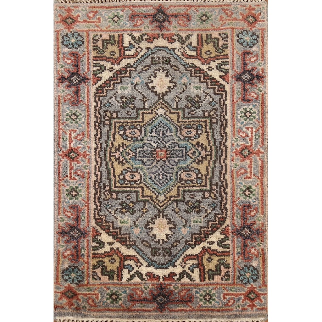 Geometric Heriz Serapi Indian Accent Rug Handmade Gray Wool Carpet - 2'0"x 3'0"