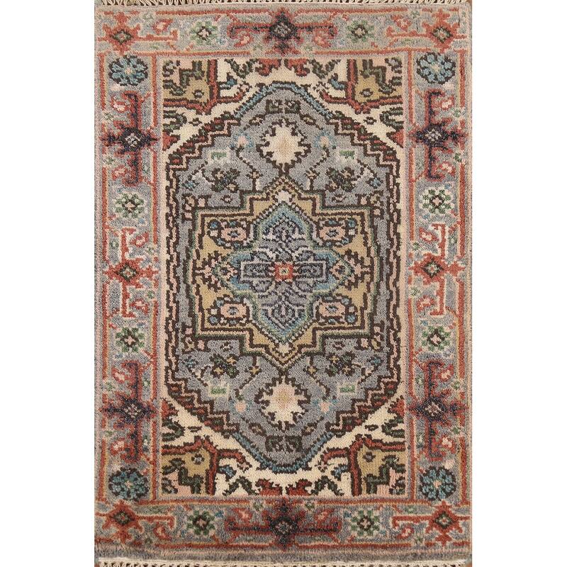 Geometric Heriz Serapi Indian Accent Rug Handmade Gray Wool Carpet - 2'0"x 3'0"