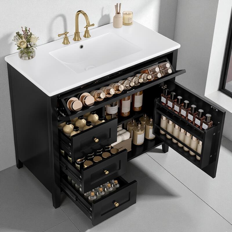 36-Inch Bathroom Vanity with Sink, MDF and Solid Wood Cabinet, 3 Drawers and Adjustable Shelf, Freestanding Design