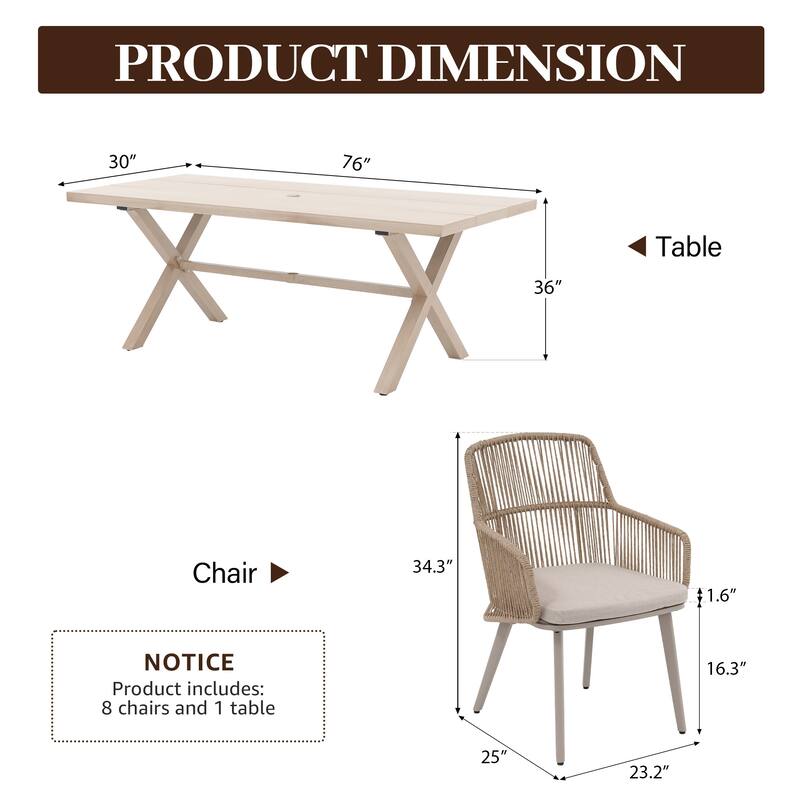 Outdoor Patio Dining Sets with PE Wicker Chairs and X-leg Aluminum Dining Table for 8 Persons