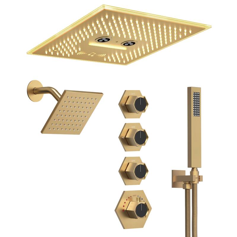 GRANDJOY Dual Shower Heads System 16 inch Ceiling and 6 inch Wall Mount Rainfall/Massage/Waterfall Mode Handheld Spray LED Music - Brushed Gold