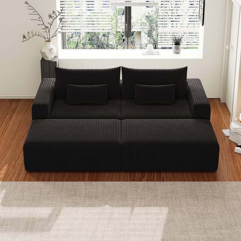 102" Corduroy Lounge Sectional Sofa with 2 Footstools
