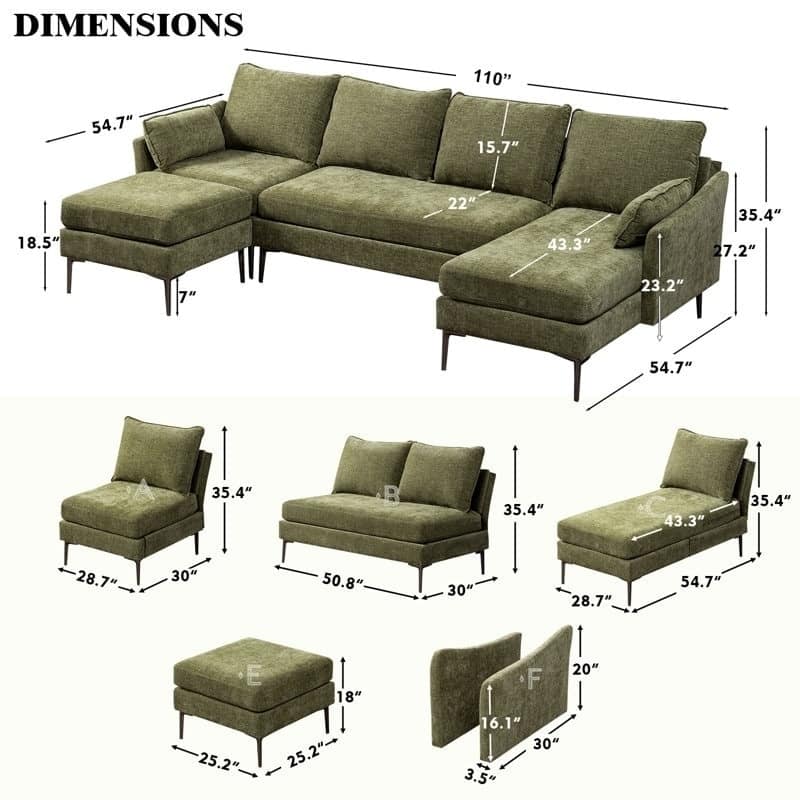 Modern Chenille Sectional Sofa with Reversible Chaise and Ottoman, Perfect for Living Rooms with Sleeper Function