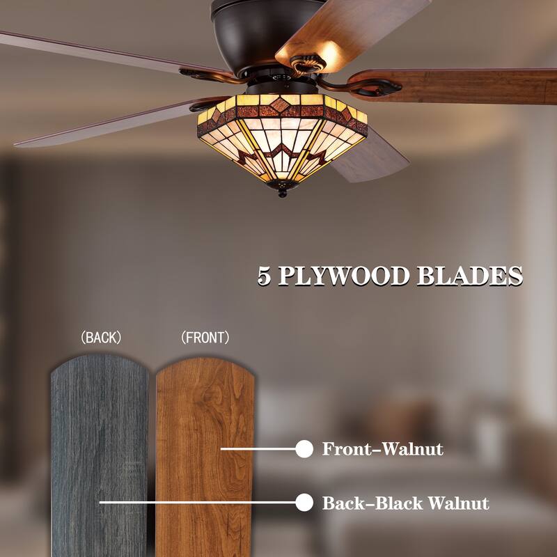 Lymelyn 52-Inch Flushmount Lighted Ceiling Fan Ivory Geometric Tiffany Glass Lamp Black Finish