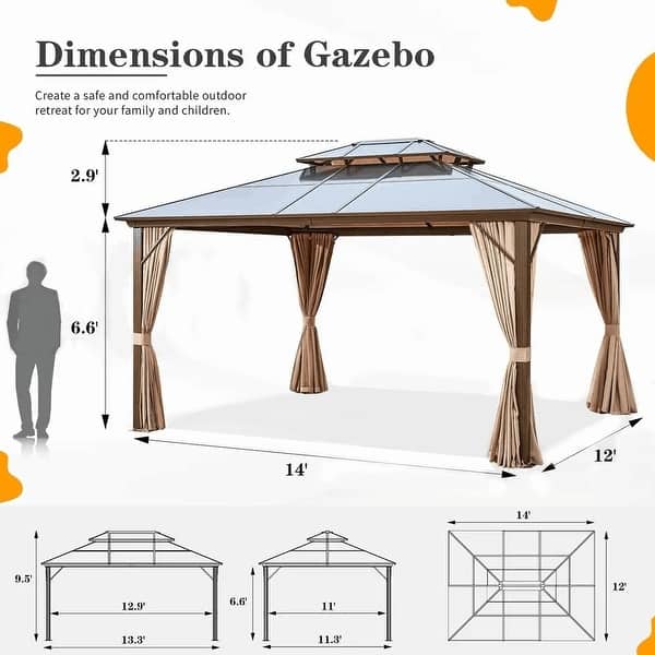 dimension image slide 4 of 16, EROMMY Hardtop Gazebo,Outdoor Pergola with Double Roof & Netting & Curtains,Heavy Duty Canopy for Patio, Backyard, Pool party