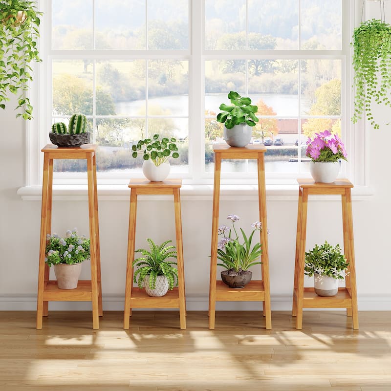 2-Tier Plant Shelf with Reinforced Frame, Solid Wood Indoor Plant Stand Set of 2