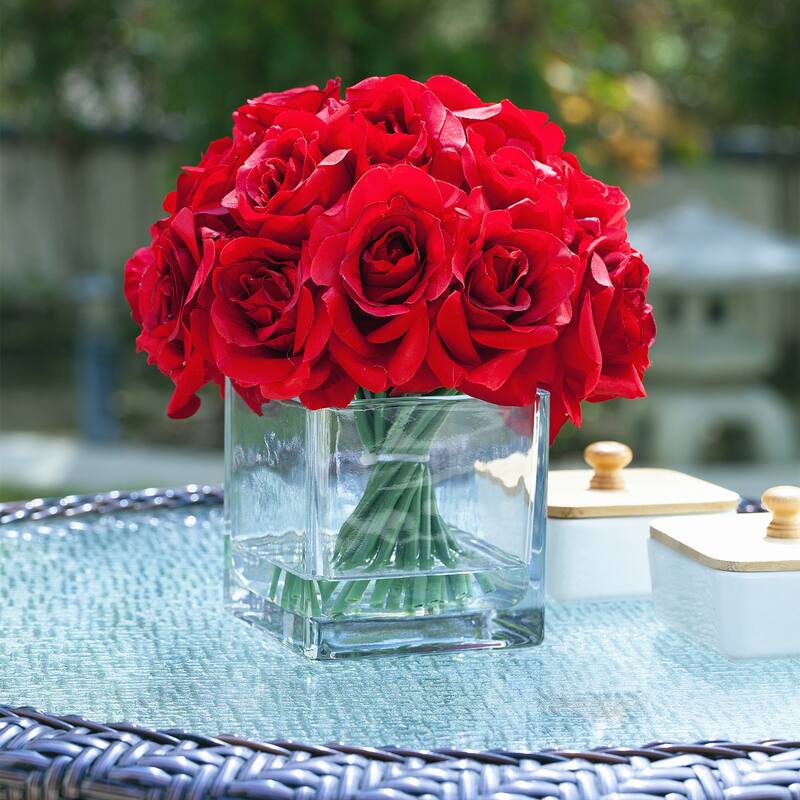 Enova Home Artificial 18 Pieces Fake Roses Silk Flowers Arrangement in Cube Glass Vase for Home Wedding Party Decoration - Scarlet